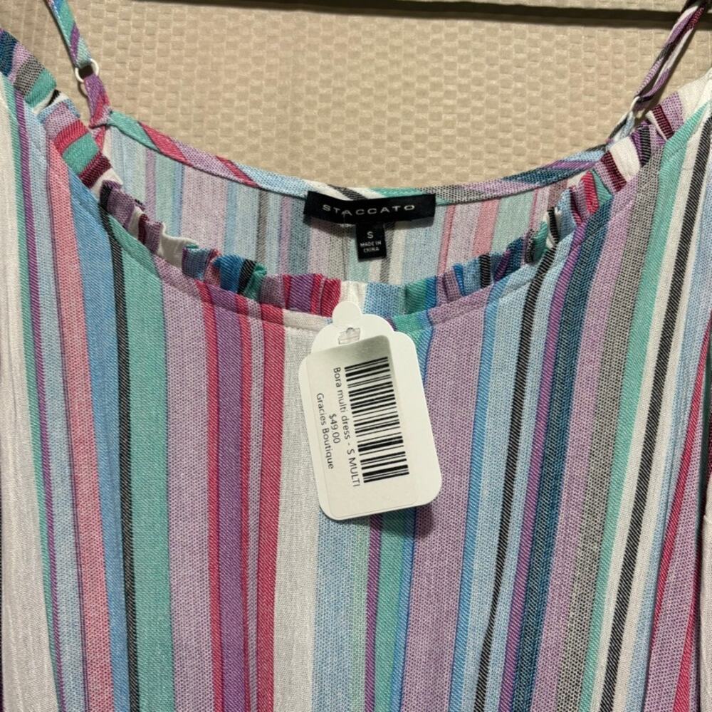 Staccato Size S Striped Tiered Lined Dress NWT Pink Blue Purple Midi Length - Picture 7 of 10